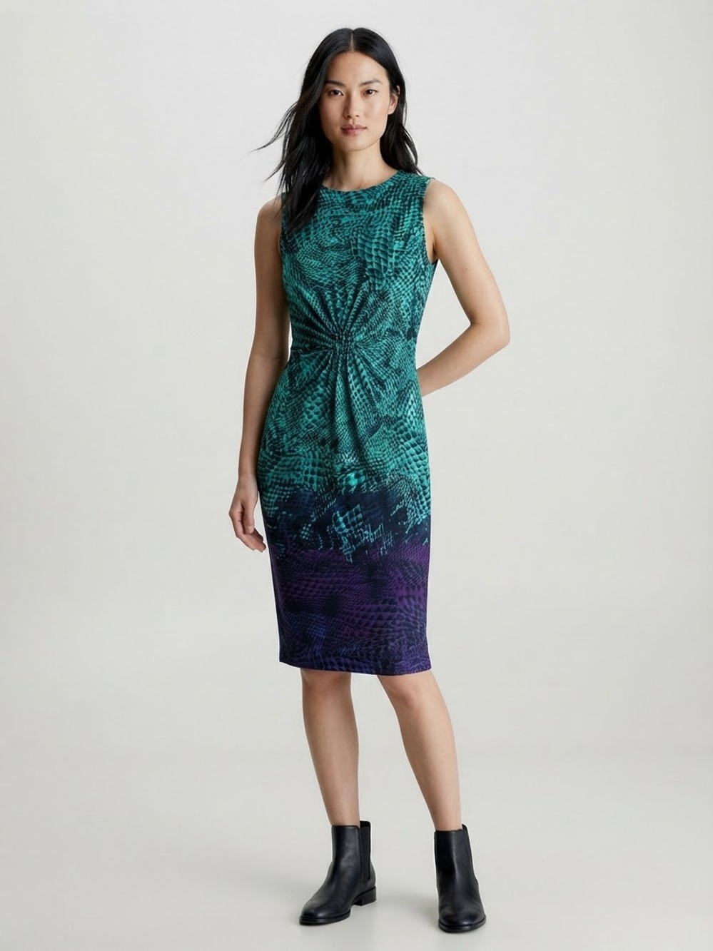 Calvin Klein Teal Purple Ombre Animal Print Sleeveless Sheath Dress Size 2